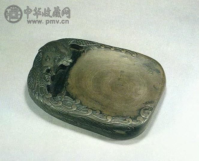 清 端石凤纹随形砚(红木盒)