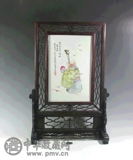 清 红木镶瓷板福寿插屏