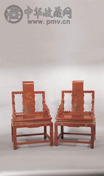清康熙 御制加彩填漆花鸟图官帽椅(1对)