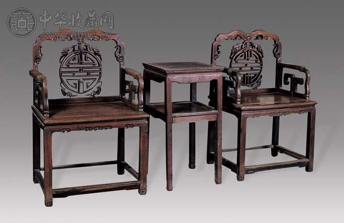清中期 红木五福捧寿椅 茶几(3件)