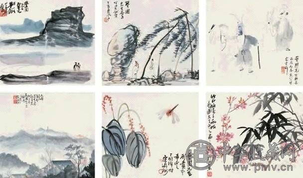 李可染 赵延绪 丁衍庸等 山水人物花鸟集锦 一堂六屏 立轴 设色纸本