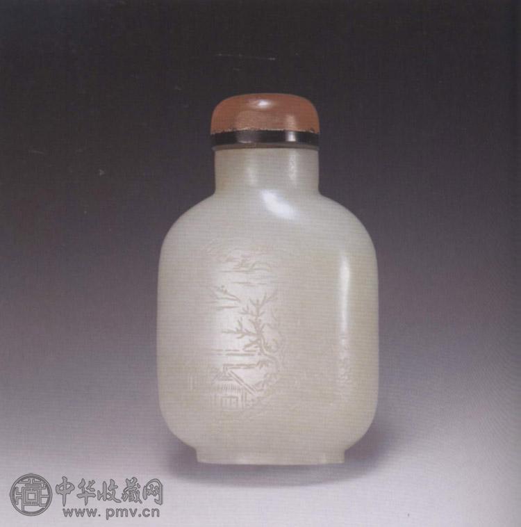 清 白玉浅刻山水诗文鼻烟壶