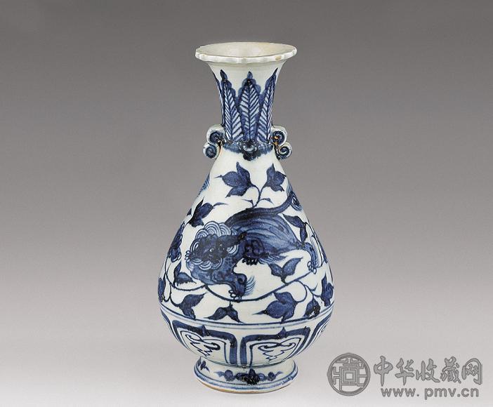 元 青花双S耳狮纹玉壶春瓶