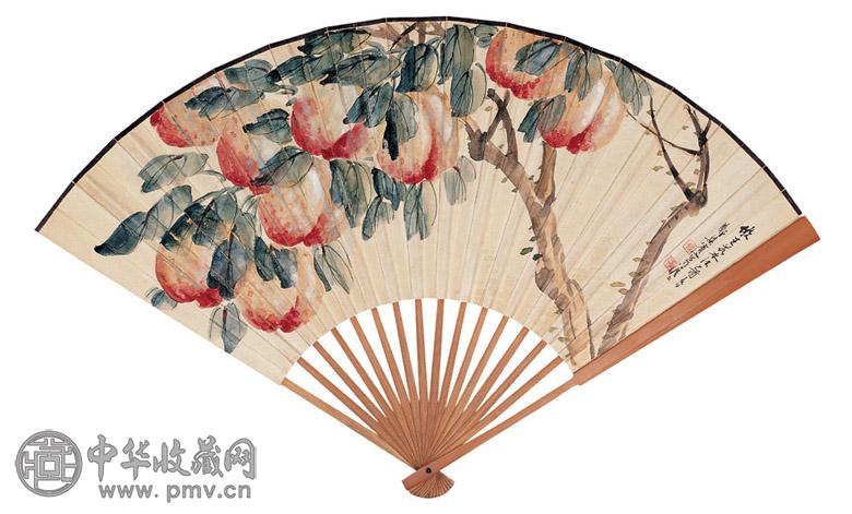 郑集宾 永荃 1945年作 九寿图 楷书 成扇 设色纸本