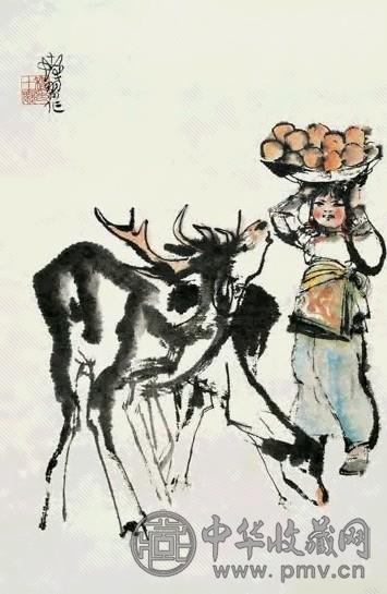 近现代 程十发 少女双鹿 轴