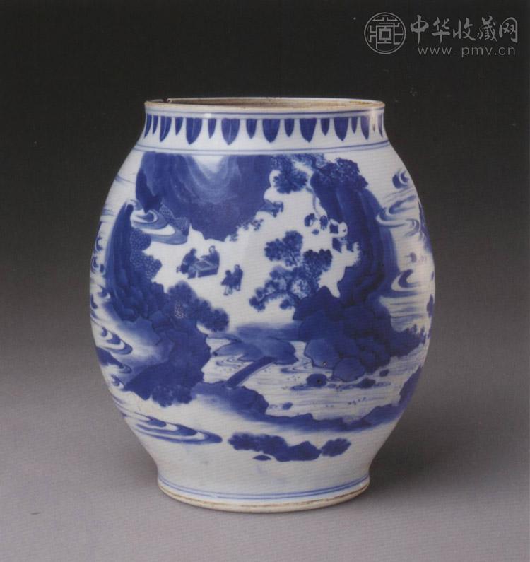 明崇祯 青花山水人物图罐