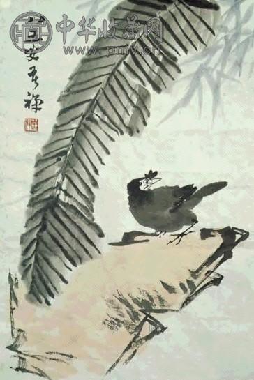 近现代 李苦禅 蕉荫八哥 镜心