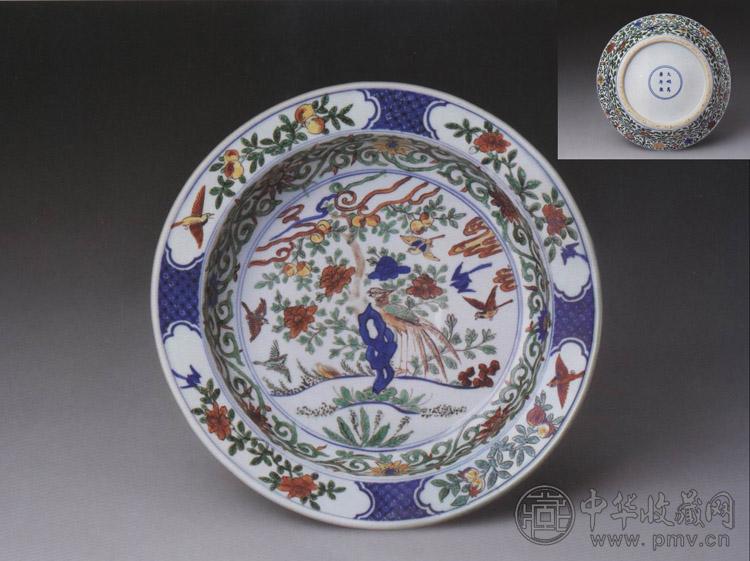 明万历 五彩花鸟纹折沿洗