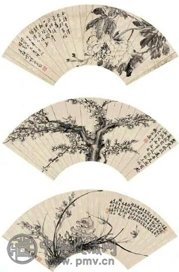 王钧 花卉(3帧) 扇面 设色纸本