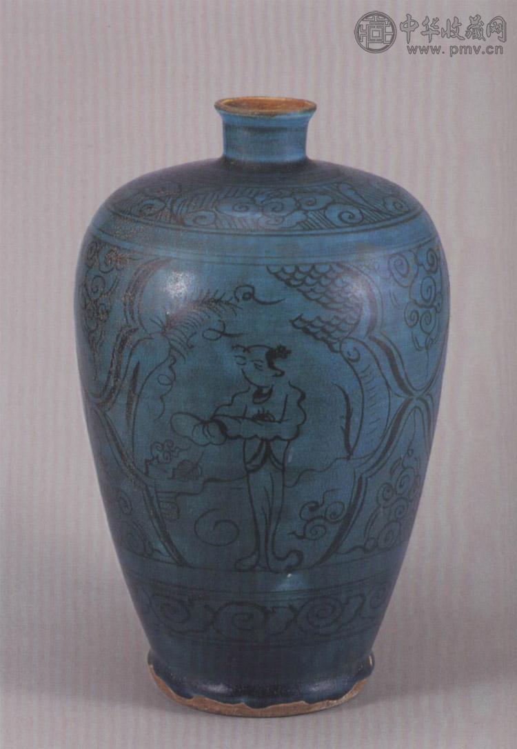 明 孔雀蓝釉墨彩人物梅瓶