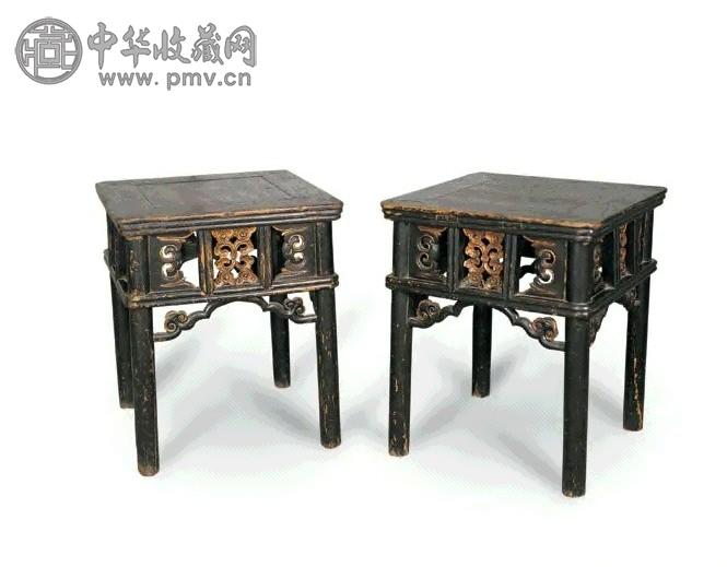 清中期 黑漆描金方凳(1对)