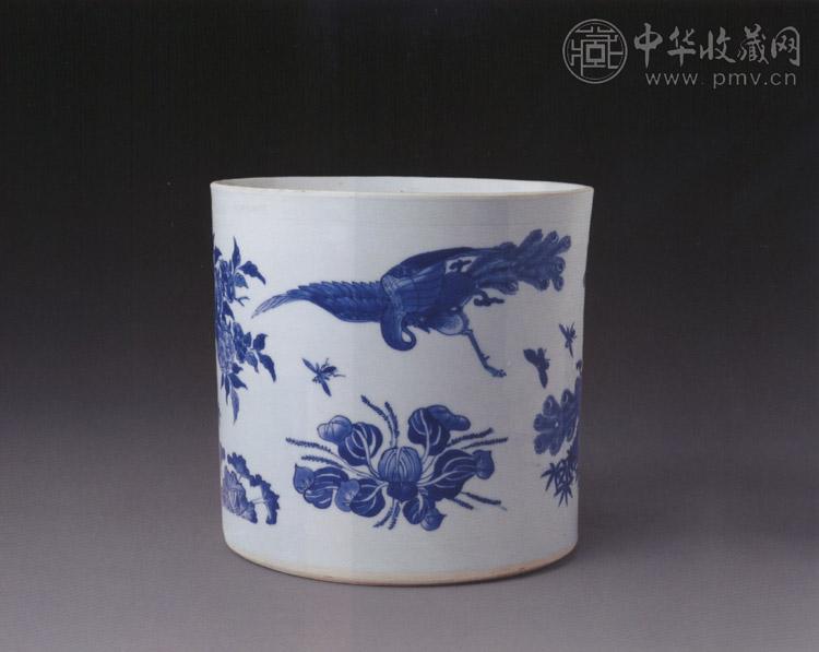 明崇祯 青花花鸟纹笔筒