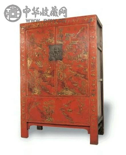 清中期 朱红漆描金人物山水大柜