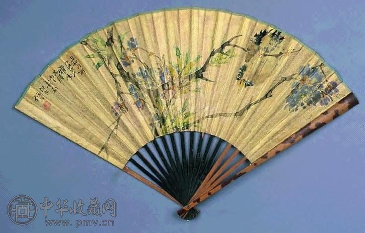 任伯年 1876年作 花鸟 扇面 设色金笺