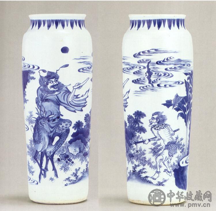 明崇祯 青花钟馗福禄图筒瓶
