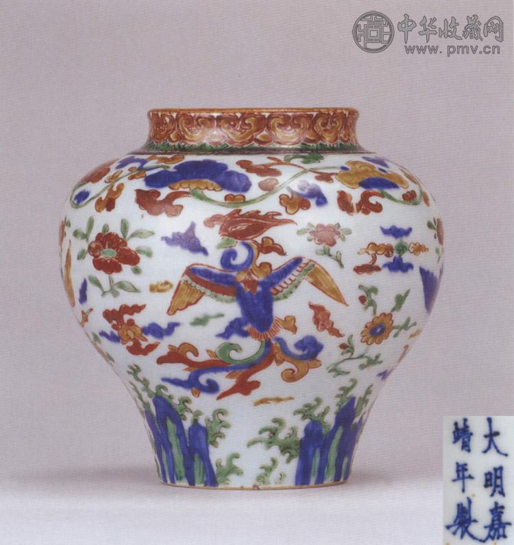 明嘉靖 五彩凤鹤纹小罐