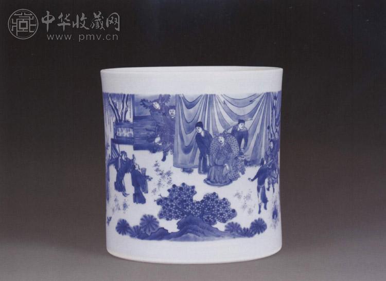 明崇祯 青花戏曲人物图笔筒