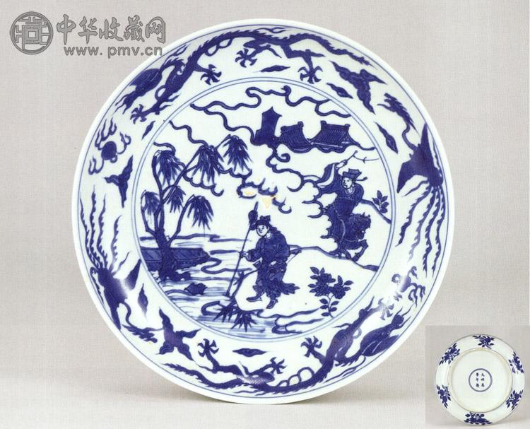 明万历 青花月下追韩图盘