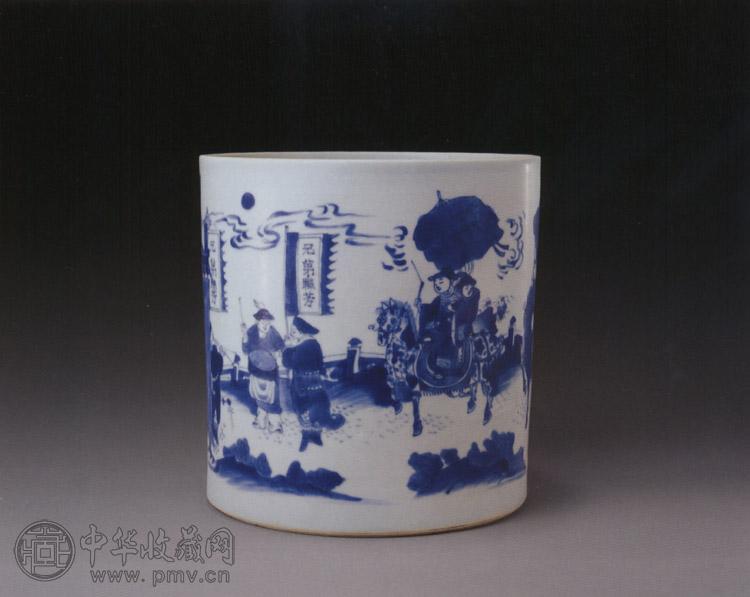 明崇祯 青花人物图笔筒