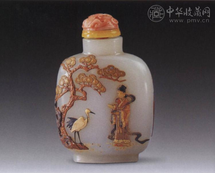 清 白玉嵌寿山石人物图鼻烟壶