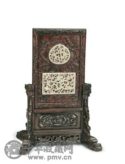 清 黄花梨雕花嵌玉带板插屏