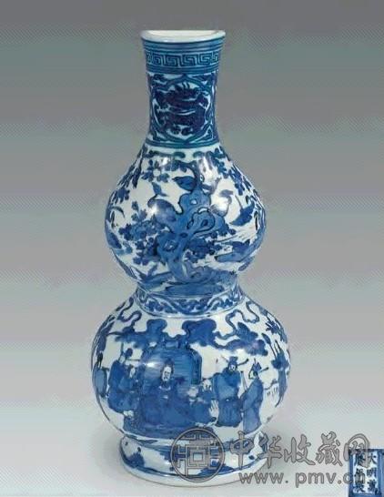明万历 青花人物花鸟纹葫芦壁瓶