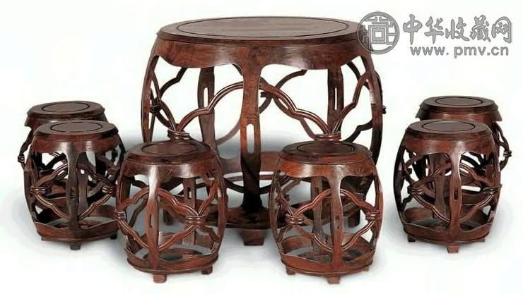 红木开光圆桌、凳(1套7件)