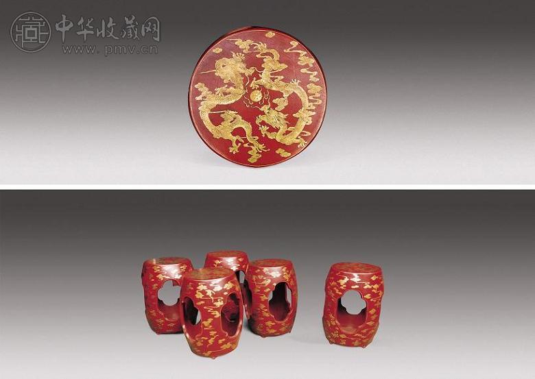 清 朱漆描金龙纹绣墩(5件)