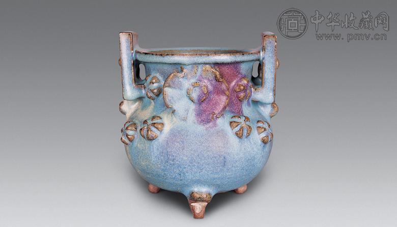 元 钧窑贴花红斑双耳炉