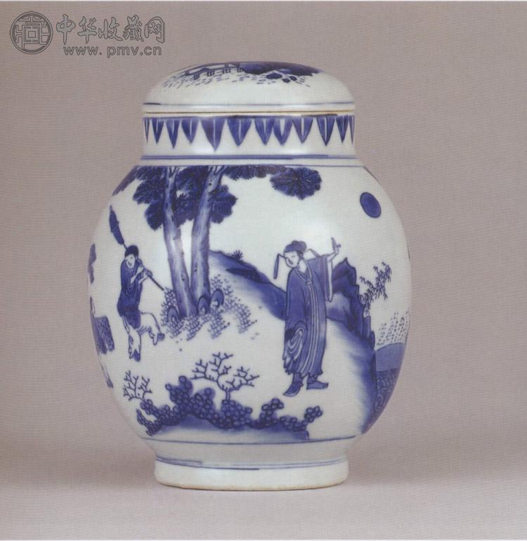 明崇祯 青花指日高升图莲子盖罐