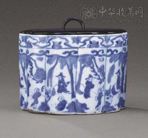 明万历 青花人物瓜棱罐