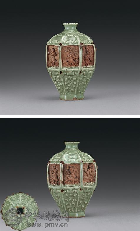 元 龙泉窑青釉铁斑露胎模印加金八仙过海图八角梅瓶