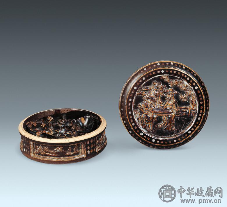 元 吉州窑玳瑁釉杂剧人物堆塑盒