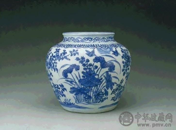 明万历 青花花鸟图罐