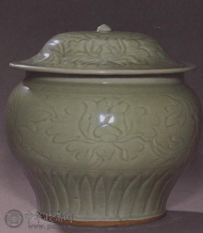 明初 龙泉窑画花牡丹纹盖罐