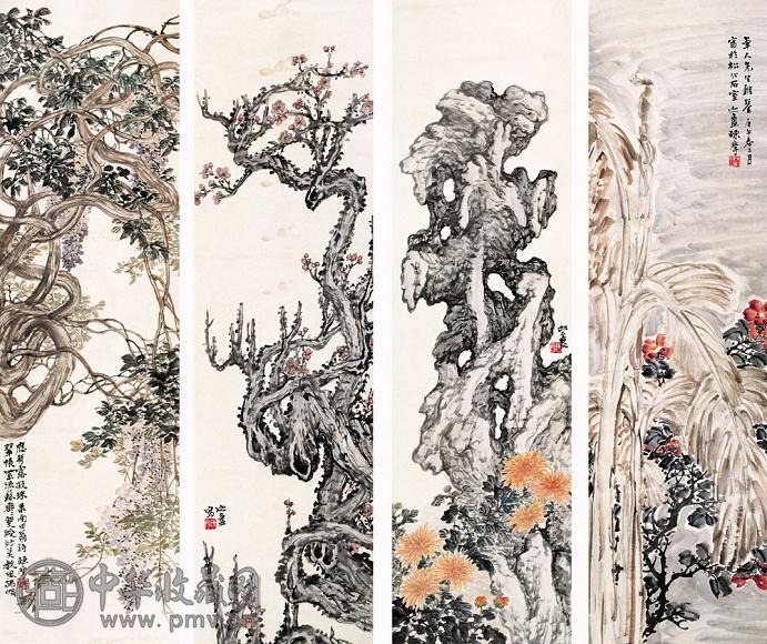 陈摩 花卉 四屏 纸本