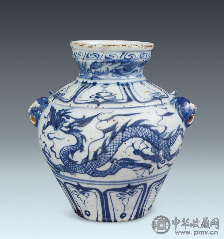 元 青花兽耳龙纹罐