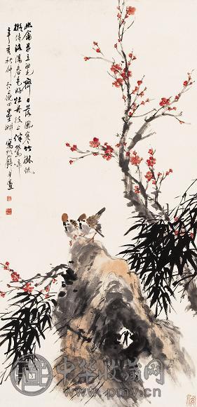 倪墨畊 1911年作 幽禽风寒 立轴 设色纸本