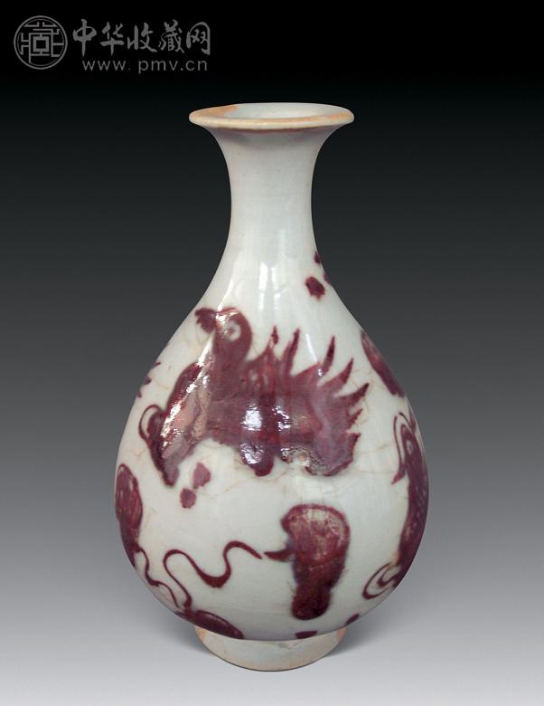 元 釉里红莲塘鸳鸯玉壶春瓶