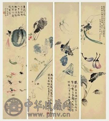 近现代 张大千 瓜藤 四条屏