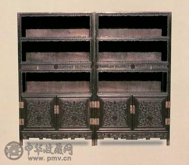 清 紫檀雕吉庆有余纹亮格柜(1对)