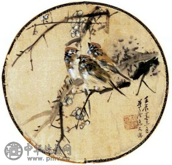 朱梦庐 花鸟 扇面 设色绢本
