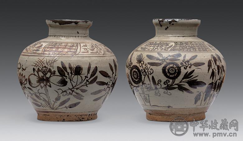 元代 磁州窑花卉纹罐(1对)