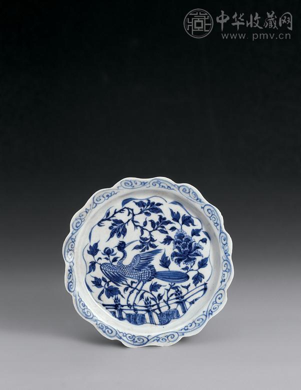 元 青花凤鸟牡丹纹花口盘