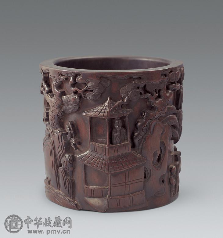 清代 紫檀浮雕山水人物笔筒