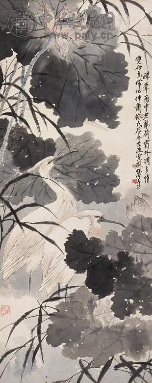 张善孖 1928年作 双鹤图 立轴 设色纸本