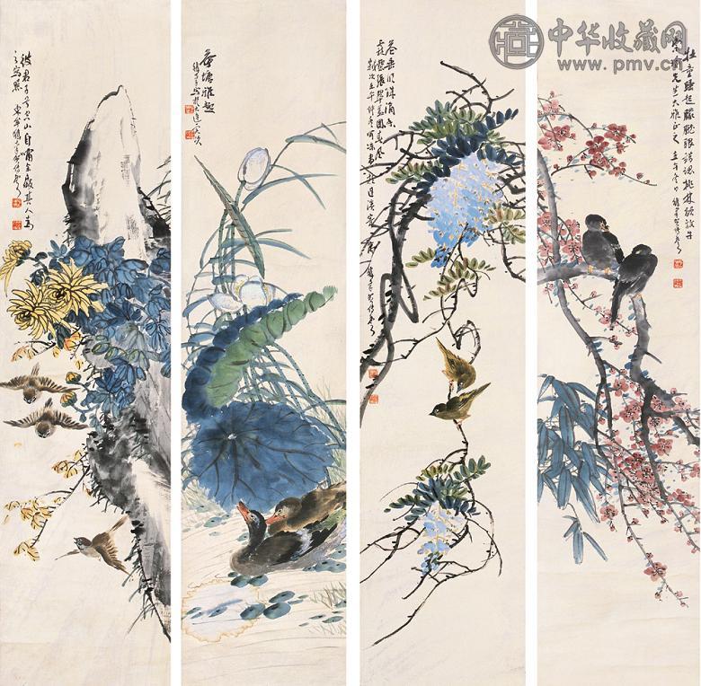 贺传丰 花卉四条屏 立轴 纸本
