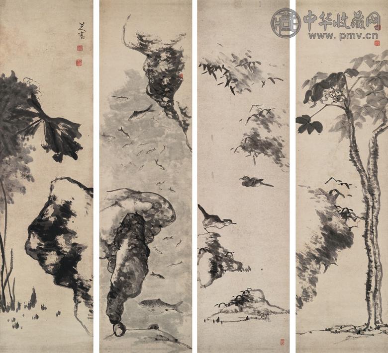 八大山人 花鸟鱼石 立轴(4幅) 水墨纸本
