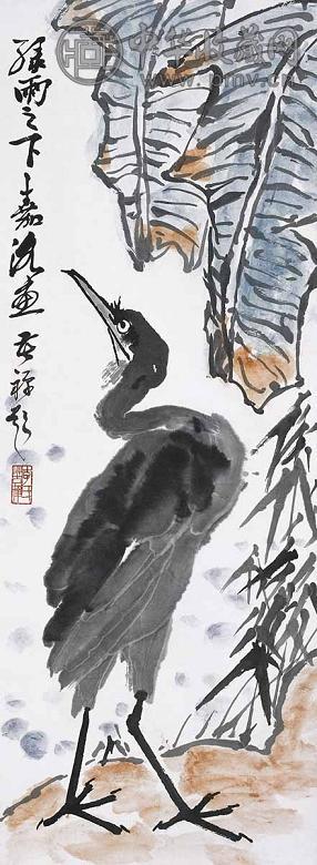 张嘉洛 李苦禅 绿雨 立轴 设色纸本