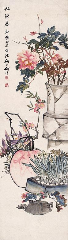 何煜 仙源春永 立轴 设色纸本